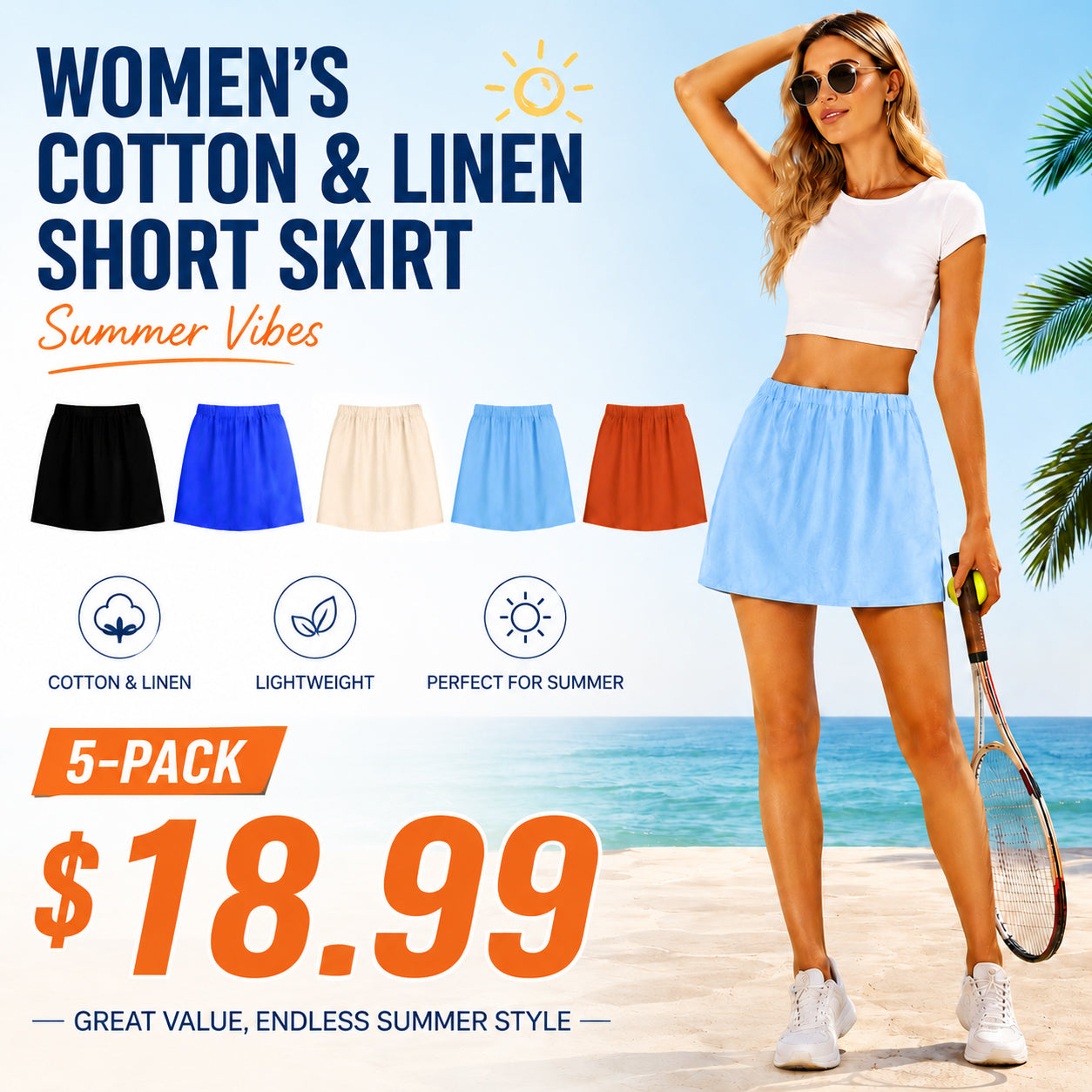 Women's Cotton Linen Skorts Casual Cute A-Line Mini Skirts with Ruffle Inner Waistband